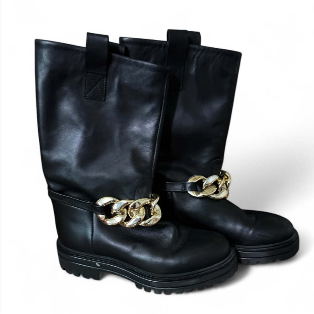 Black Leather Boots with Gold Chain Detail